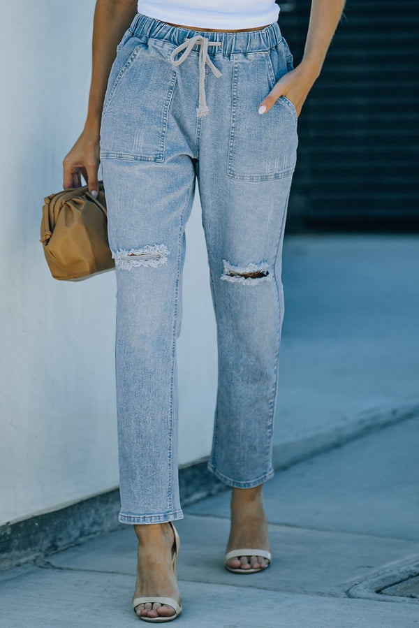 Eliona Gather Round Distressed Pocketed Denim Jogger - Rebel Nomad