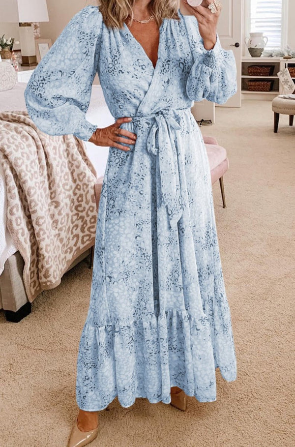 Elizbeth Printed Surplice Neck Bubble Sleeve Maxi Dress with Sash - Rebel Nomad