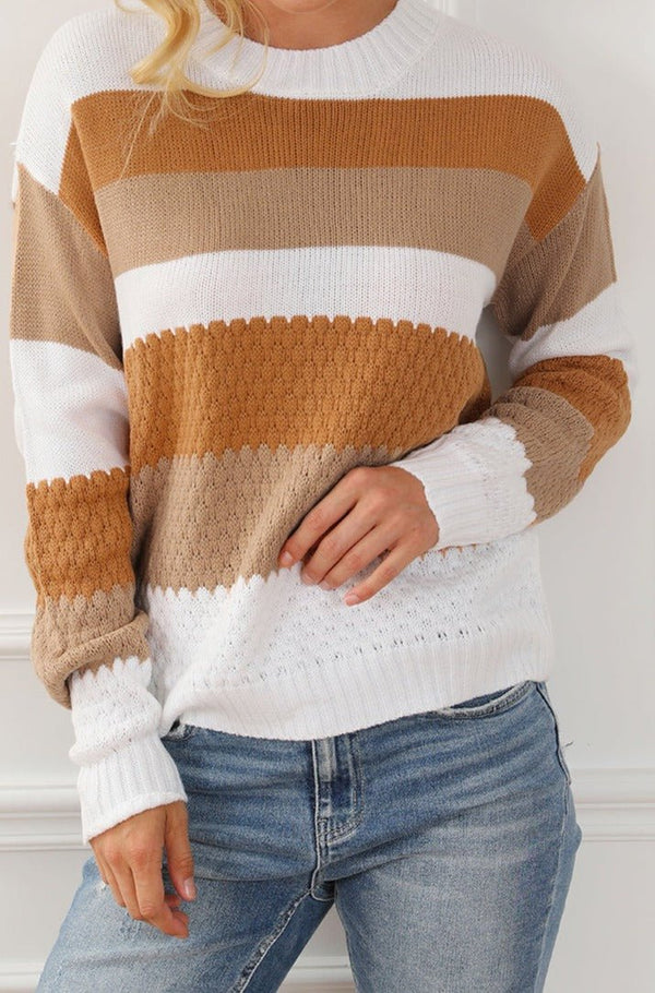 Elna Striped Cable Knit Drop Shoulder Sweater - Rebel Nomad