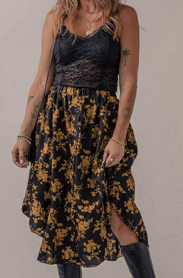 Elnora Elastic Waist Button Decor Floral Ruffle Skirt - Rebel Nomad