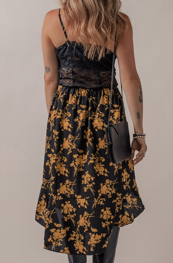 Elnora Elastic Waist Button Decor Floral Ruffle Skirt - Rebel Nomad