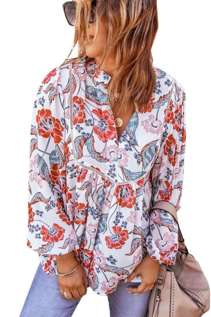 Elodie Split Neck Bubble Sleeve Floral Patchwork Blouse - Rebel Nomad