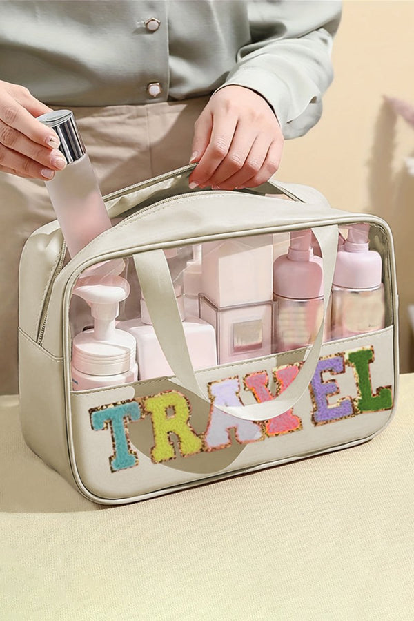 Elvera "TRAVEL" Chenille Letter Clear PVC Makeup Bag - Rebel Nomad