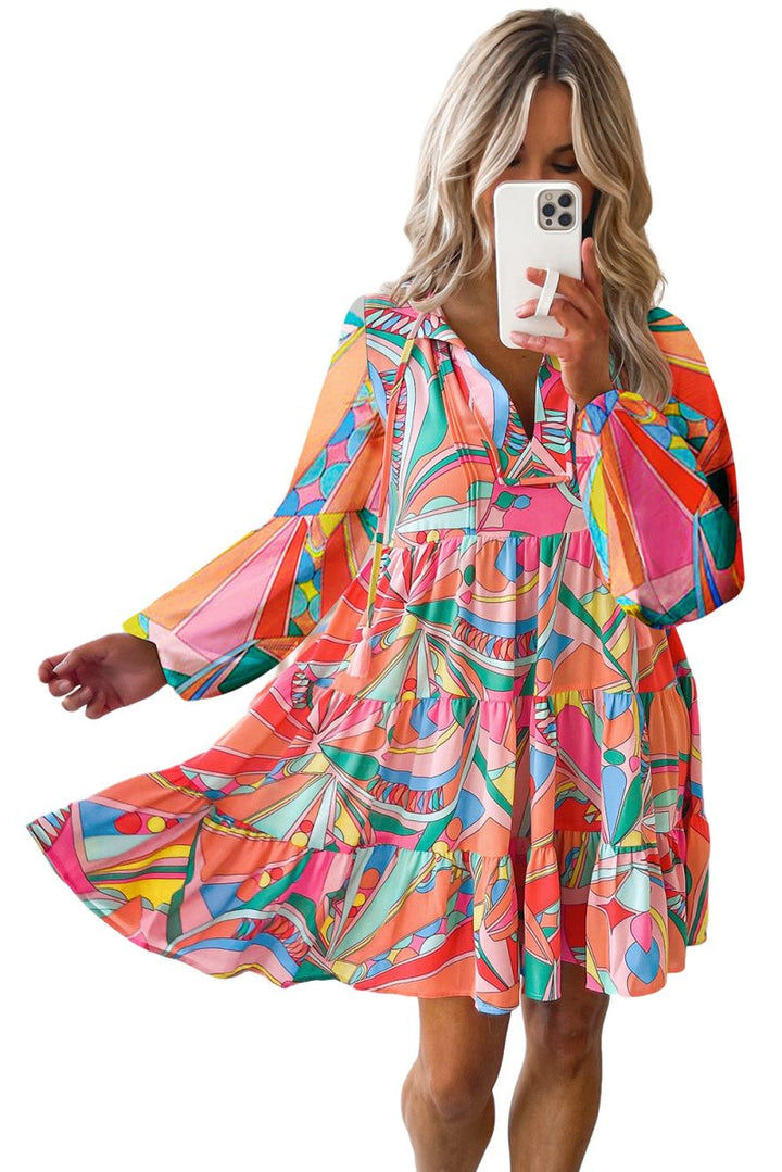 Embolden Geometric Print Split Neck Ruffle Tiered Mini Dress - Rebel Nomad