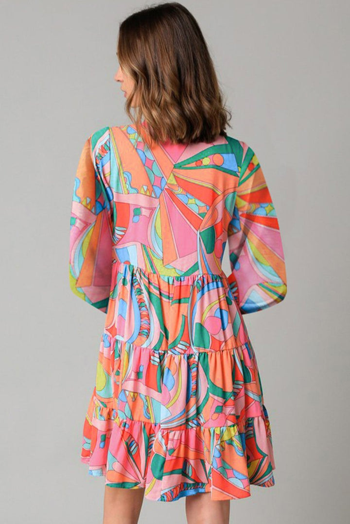 Embolden Geometric Print Split Neck Ruffle Tiered Mini Dress - Rebel Nomad