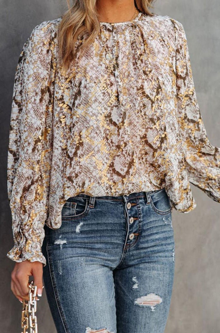 Emilee Glitter Snake Grain Pleated Round Neck Blouse - Rebel Nomad