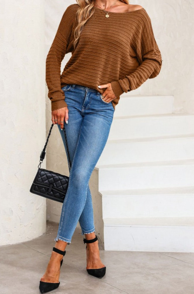 Emmie Textured Knit Round Neck Dolman Sleeve Sweater - Rebel Nomad