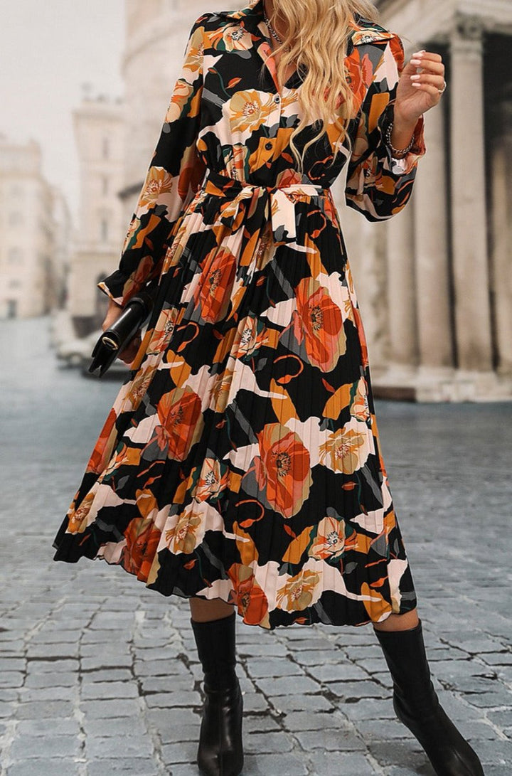 Emmy Floral Print Waist Tie Pleated Midi Shirt Dress - Rebel Nomad