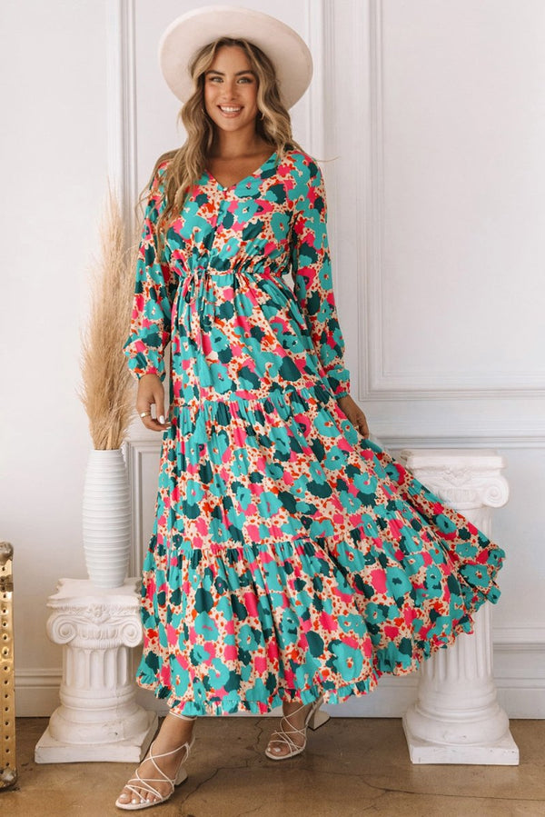 Erika Bohemia Print V Neck Ruffle Long Sleeve Maxi Dress - Rebel Nomad