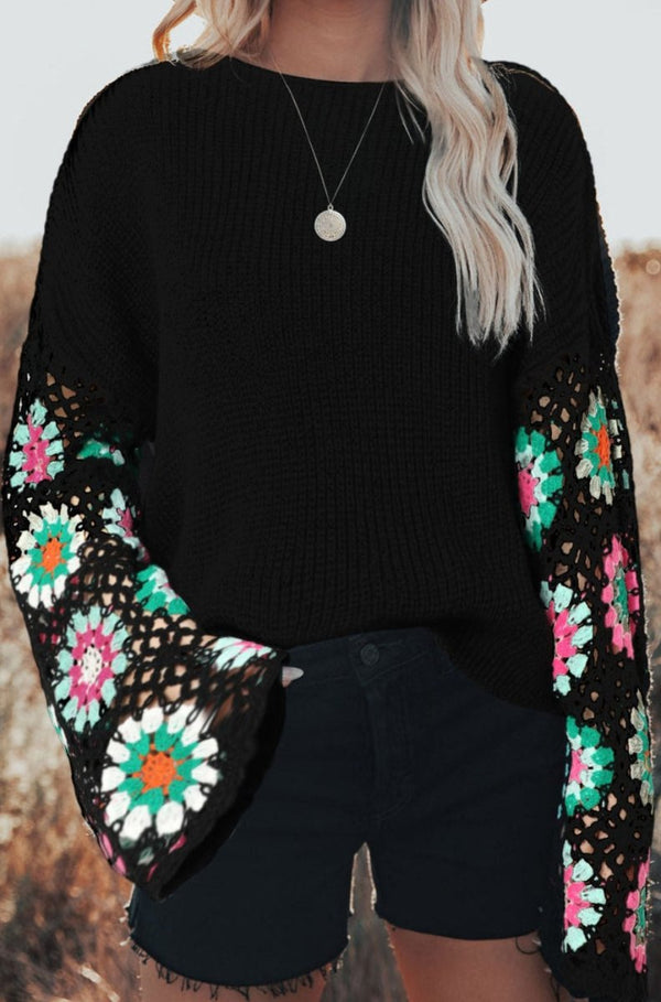 Erin Floral Crochet Bell Sleeve Loose Sweater - Rebel Nomad