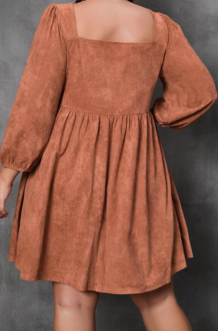 Estaelle Plus-Size Suede Square Neck Balloon Sleeve Dress - Rebel Nomad