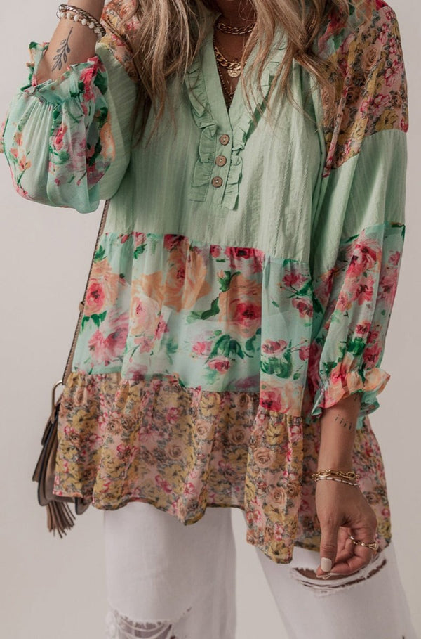 Estorae Floral Patchwork Frilled Split Neck Blouse - Rebel Nomad