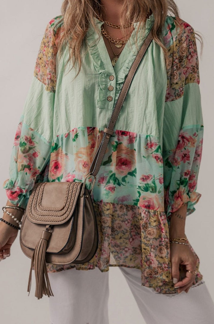 Estorae Floral Patchwork Frilled Split Neck Blouse - Rebel Nomad