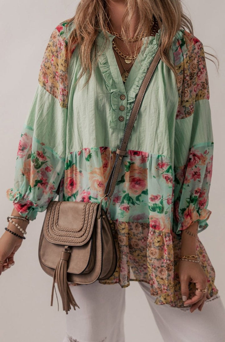 Estorae Floral Patchwork Frilled Split Neck Blouse - Rebel Nomad