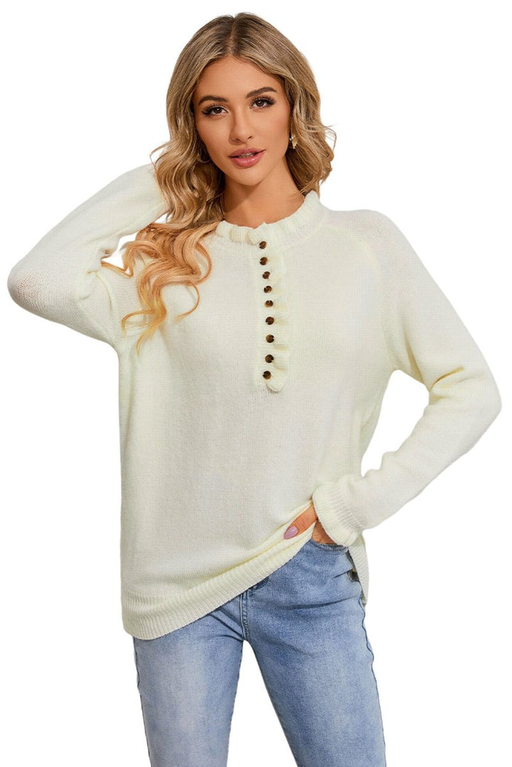 Eugenia Frill Trim Buttoned Knit Pullover Sweater - Rebel Nomad