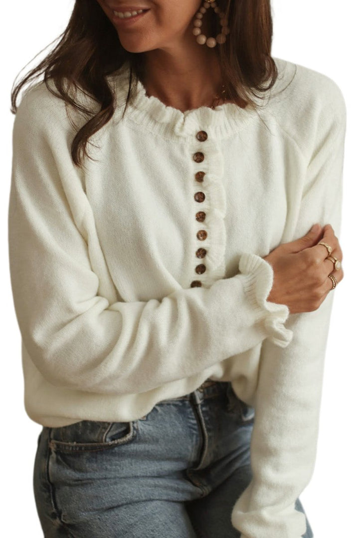 Eugenia Frill Trim Buttoned Knit Pullover Sweater - Rebel Nomad