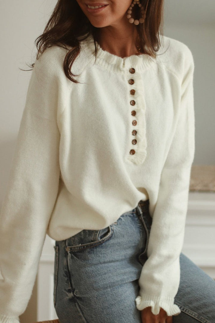 Eugenia Frill Trim Buttoned Knit Pullover Sweater - Rebel Nomad