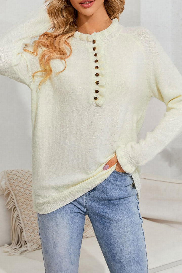 Eugenia Frill Trim Buttoned Knit Pullover Sweater - Rebel Nomad