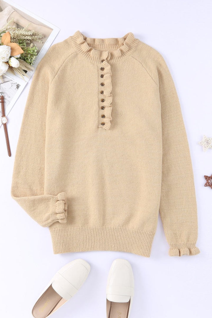 Eugenia Frill Trim Buttoned Knit Pullover Sweater - Rebel Nomad