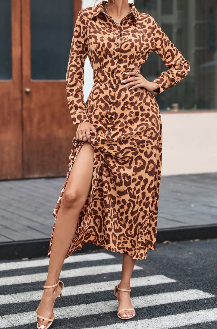 Eurydice Leopard Button-Up Long Sleeve Maxi Dress - Rebel Nomad