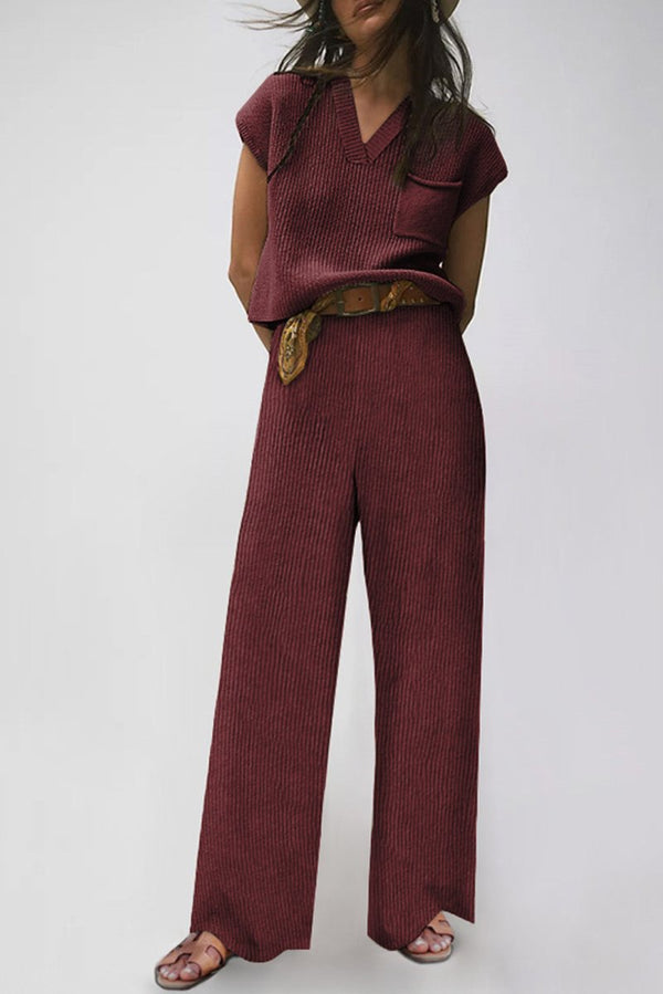 Eva Knitted V Neck Sweater and Casual Pants Set - Rebel Nomad