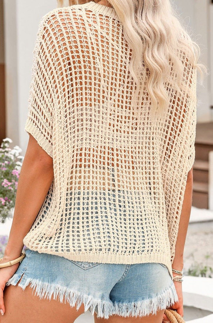 Evadne Fishnet Knit Ribbed Round Neck Short Sleeve Sweater Tee - Rebel Nomad