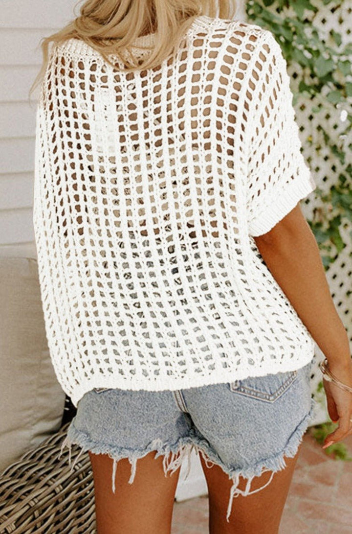 Evadne Fishnet Knit Ribbed Round Neck Short Sleeve Sweater Tee - Rebel Nomad