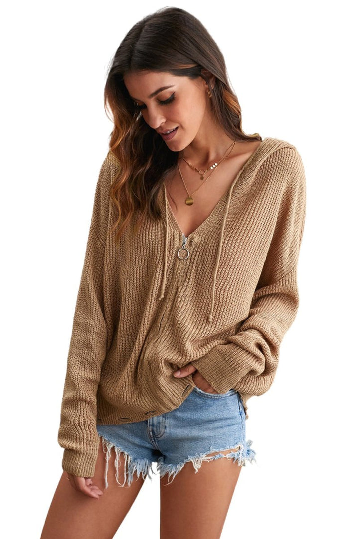 Evaine Zipper V-neck Dropped Sleeve Hooded Solid Sweater - Rebel Nomad