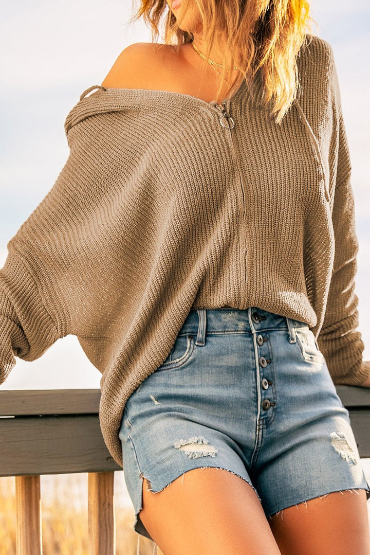 Evaine Zipper V-neck Dropped Sleeve Hooded Solid Sweater - Rebel Nomad