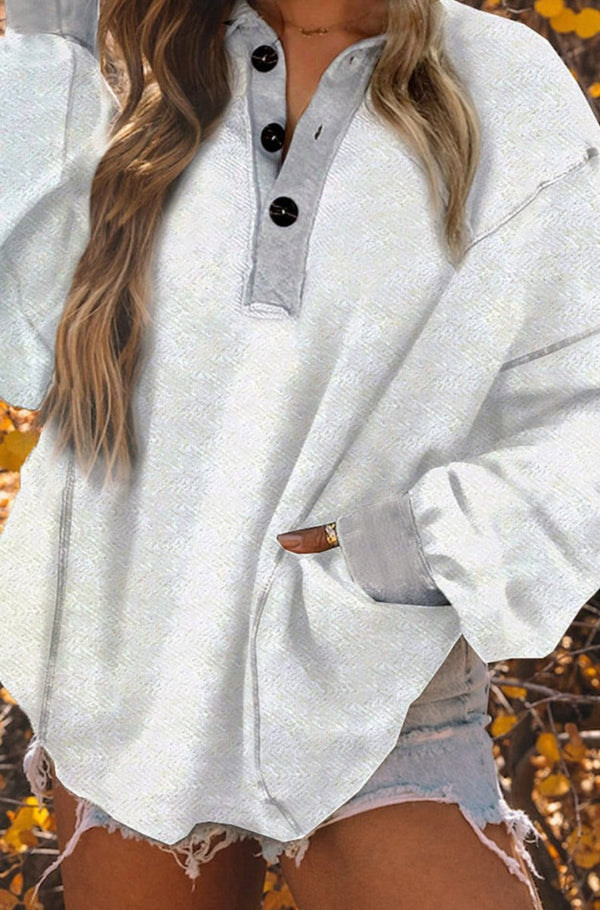 Evelin Textured Side Pockets Buttoned Neckline Sweatshirt - Rebel Nomad