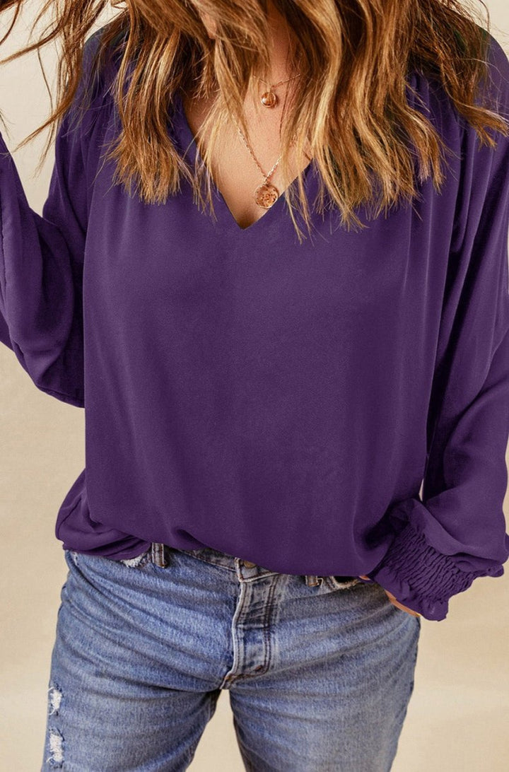 Everlee Pleated V Neck Puffy Sleeve Blouse - Rebel Nomad