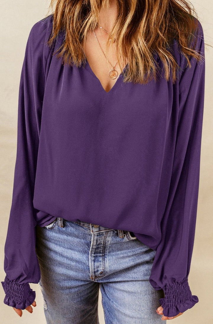 Everlee Pleated V Neck Puffy Sleeve Blouse - Rebel Nomad