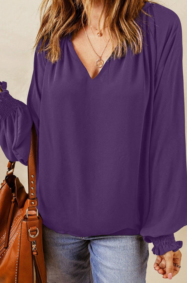 Everlee Pleated V Neck Puffy Sleeve Blouse - Rebel Nomad