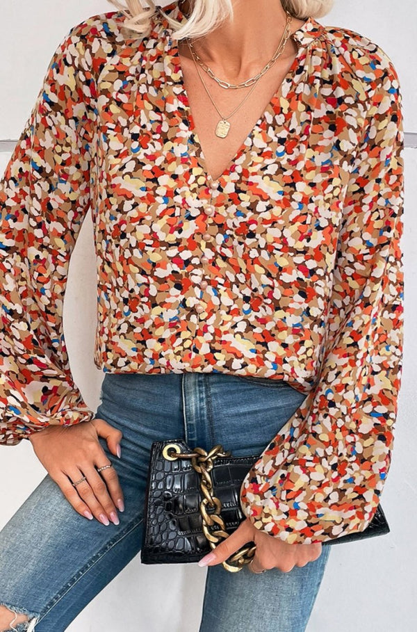 Everleigh Allover Print Split V Neck Bishop Sleeve Blouse - Rebel Nomad