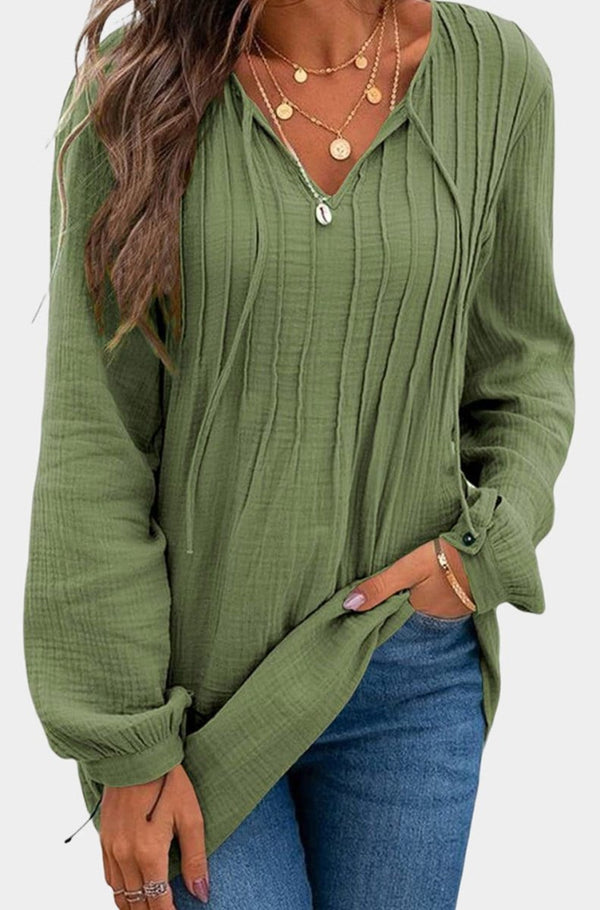 Faella Casual Pleated V Neck Textured Loose Top - Rebel Nomad