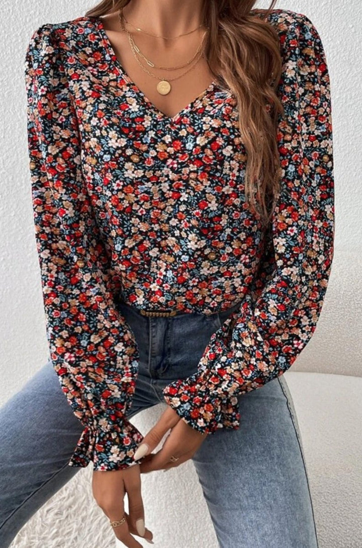 Faeraelle V Cut Lace Patch Tie-up Ruffled Puff Sleeve Floral Blouse - Rebel Nomad