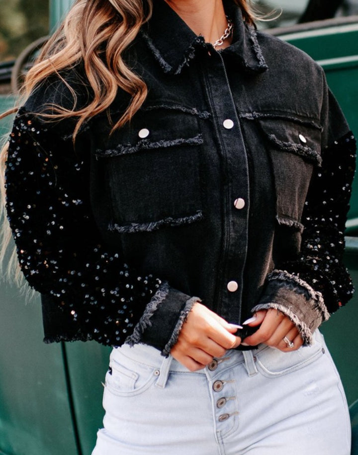 Faith Sequin Sleeve Pocketed Raw Hem Denim Jacket - Rebel Nomad