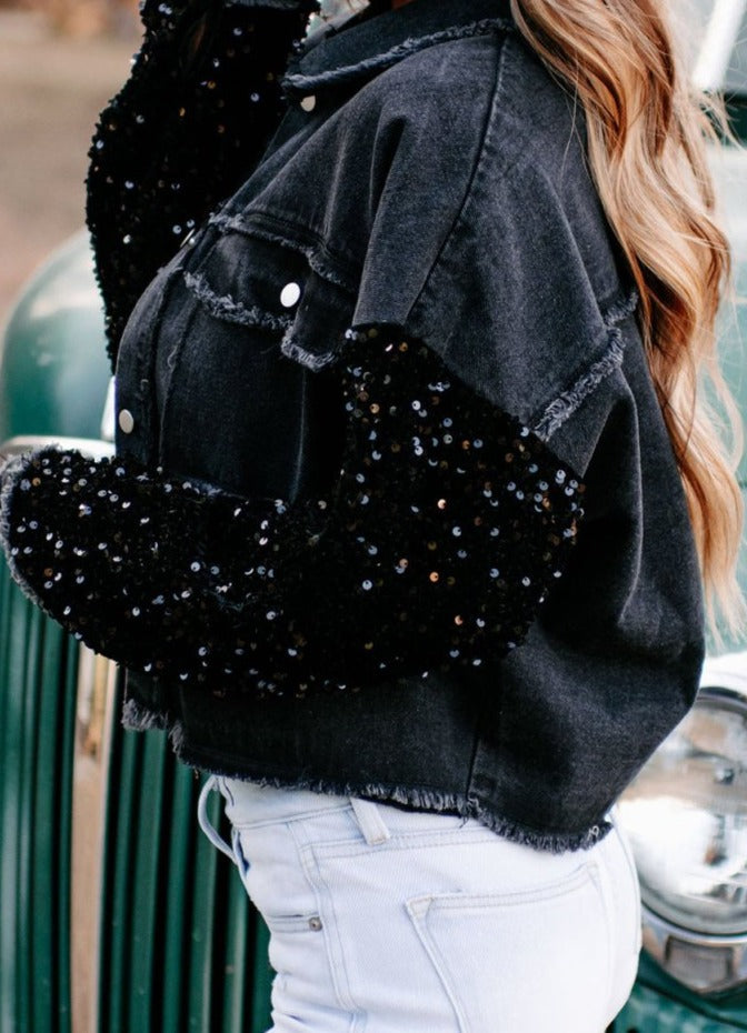 Faith Sequin Sleeve Pocketed Raw Hem Denim Jacket - Rebel Nomad