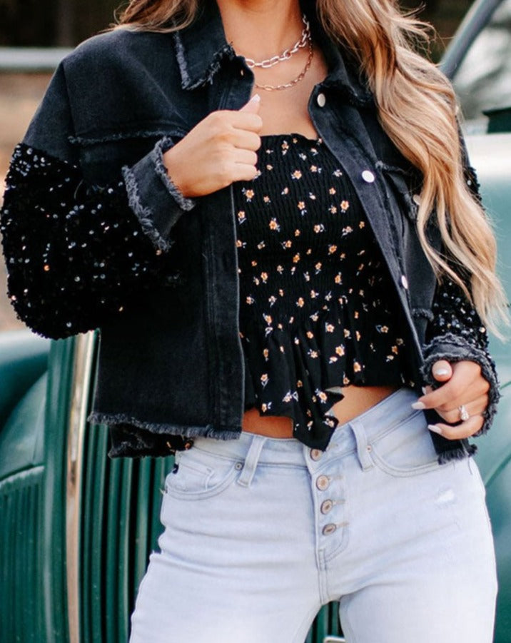 Faith Sequin Sleeve Pocketed Raw Hem Denim Jacket - Rebel Nomad