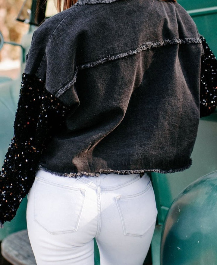 Faith Sequin Sleeve Pocketed Raw Hem Denim Jacket - Rebel Nomad