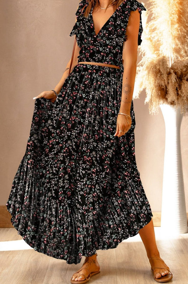 Fawn Multicolor Floral Ruffled Crop Top and Maxi Skirt Set - Rebel Nomad