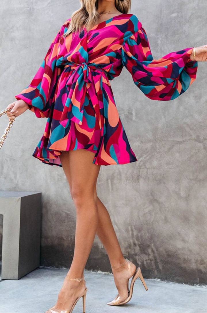 Faye Abstract Printed Belted Puff Sleeve Mini Dress - Rebel Nomad