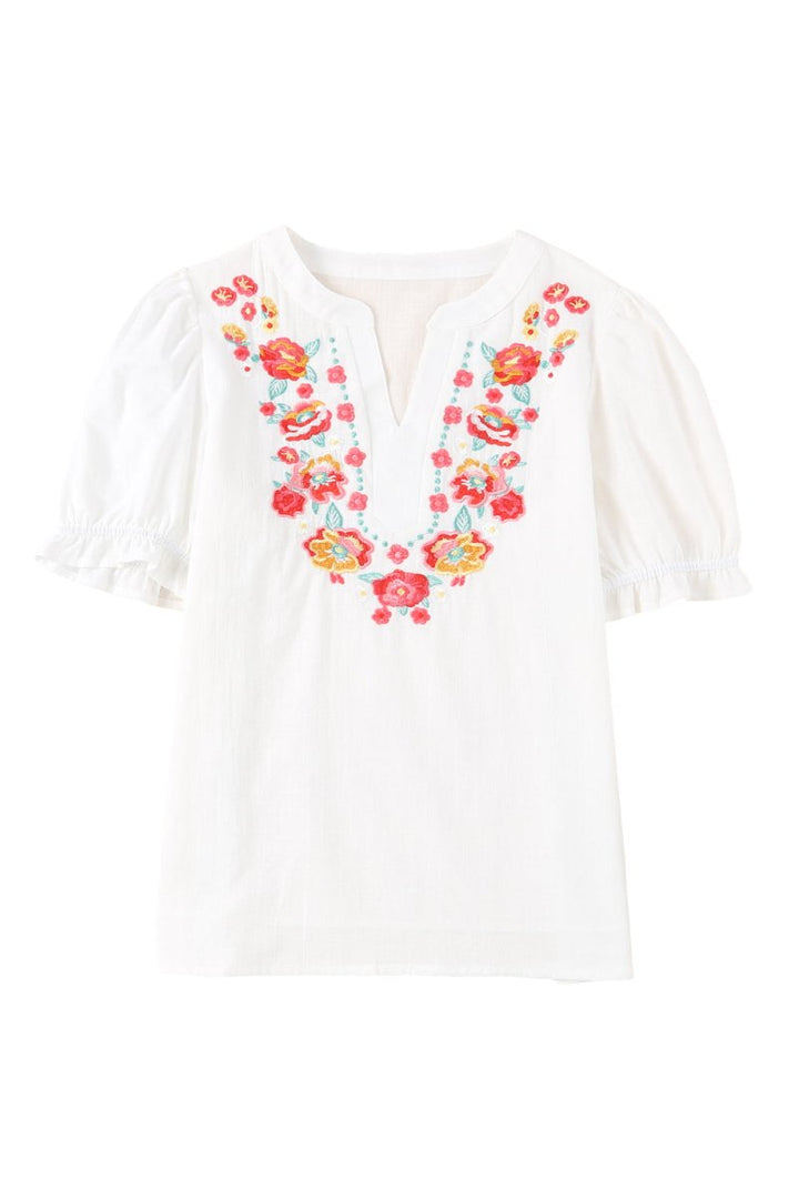 Fern Floral Embroidered Ruffled Puff Sleeve Blouse - Rebel Nomad