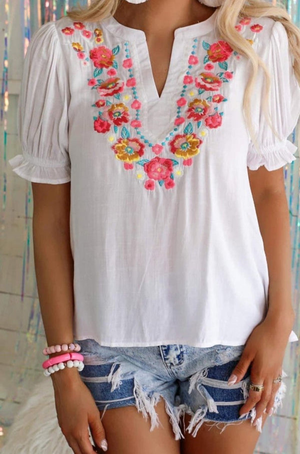 Fern Floral Embroidered Ruffled Puff Sleeve Blouse - Rebel Nomad