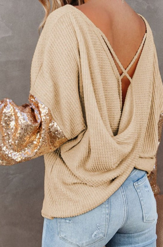 Fia Sequin Patchwork Sleeve Open Back Waffle Knit Top - Rebel Nomad