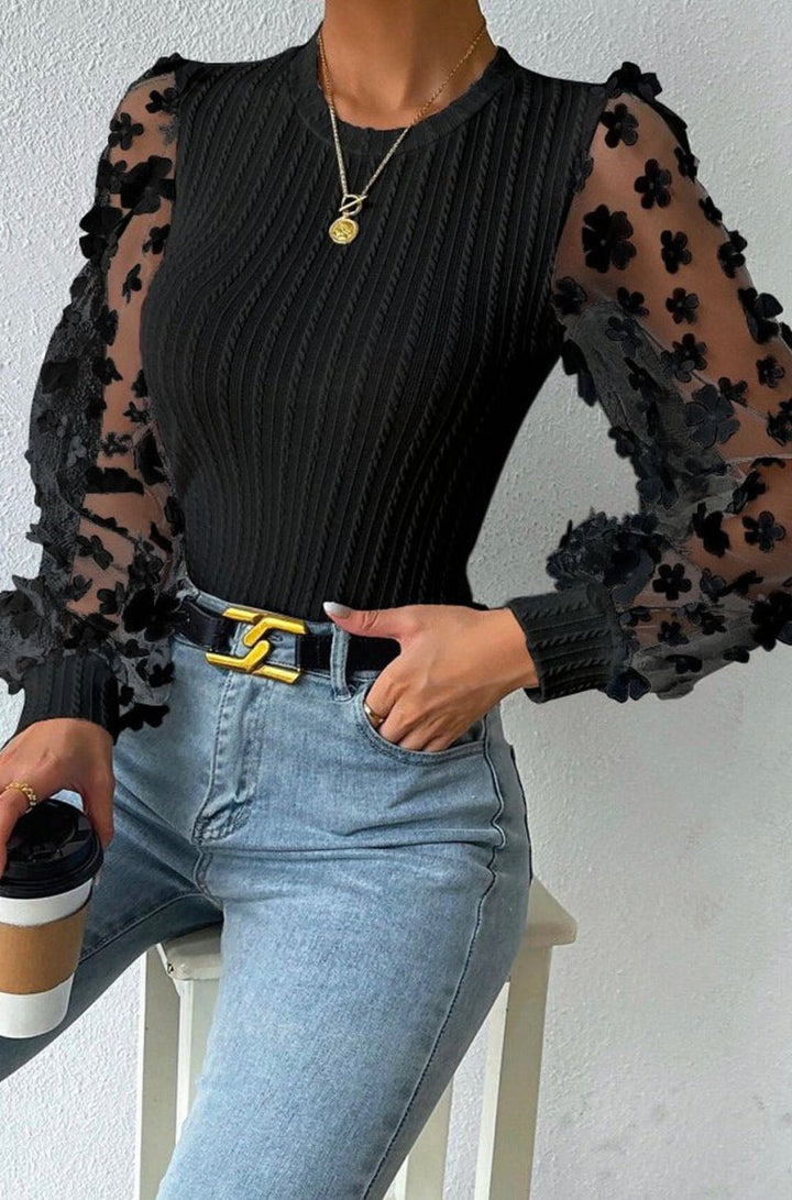 Fioralba Floral Applique Mesh Sleeves Textured Knit Blouse - Rebel Nomad