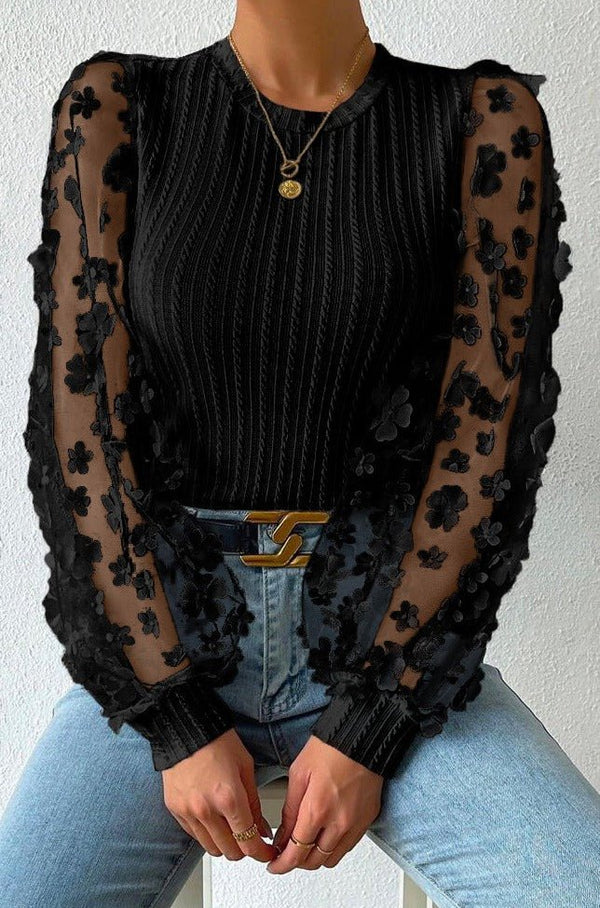 Fioralba Floral Applique Mesh Sleeves Textured Knit Blouse - Rebel Nomad