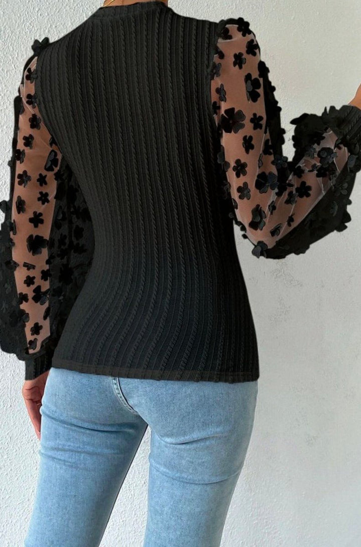 Fioralba Floral Applique Mesh Sleeves Textured Knit Blouse - Rebel Nomad