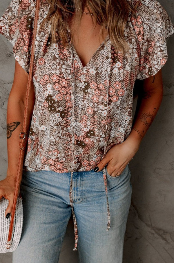 Flourish V-neck Short Sleeve Fashion Print Fantasy Fluttering Blouse - Rebel Nomad