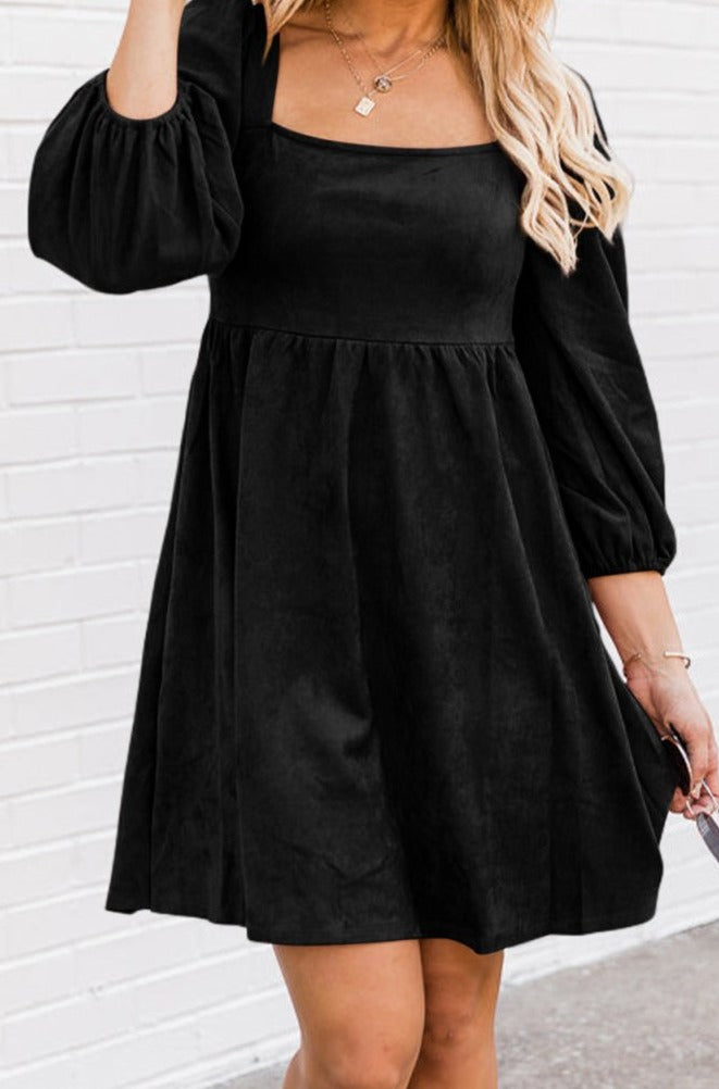 Fonda Suede Square Neck Puff Sleeve Dress - Rebel Nomad